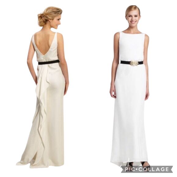 NWT BCBGMAXAZRIA Belted Silk Column dotted jaquard Gown ivory size 8 - Picture 1 of 16